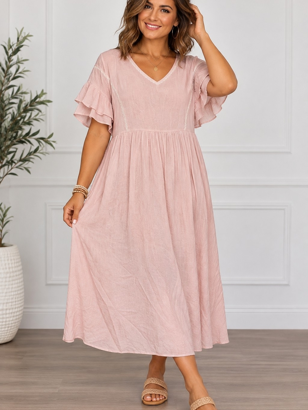 Women’s V-Neck Tiered Sleeve Maxi Dress - Blush Pink